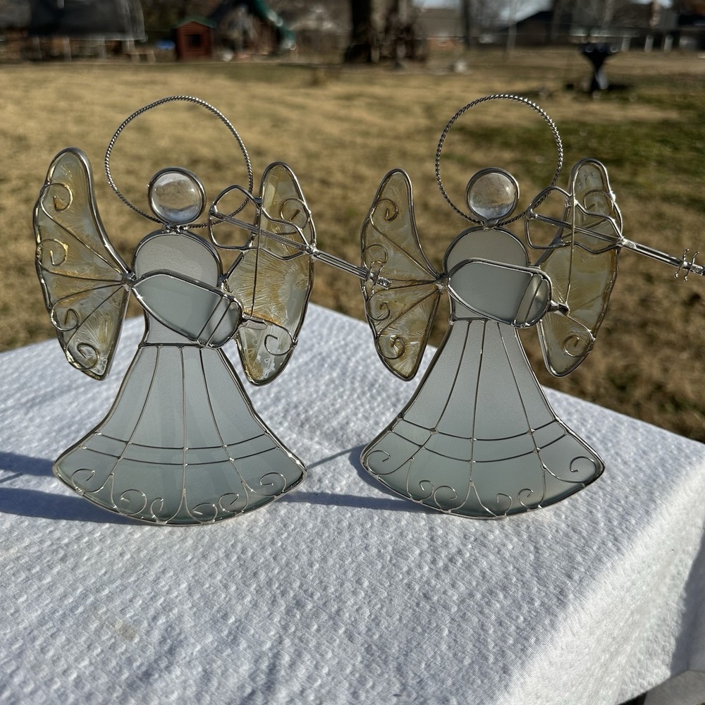 Set Of 2 Glass Angel Tea light Holder Silver Figurines 7" Violin‎ Frosted